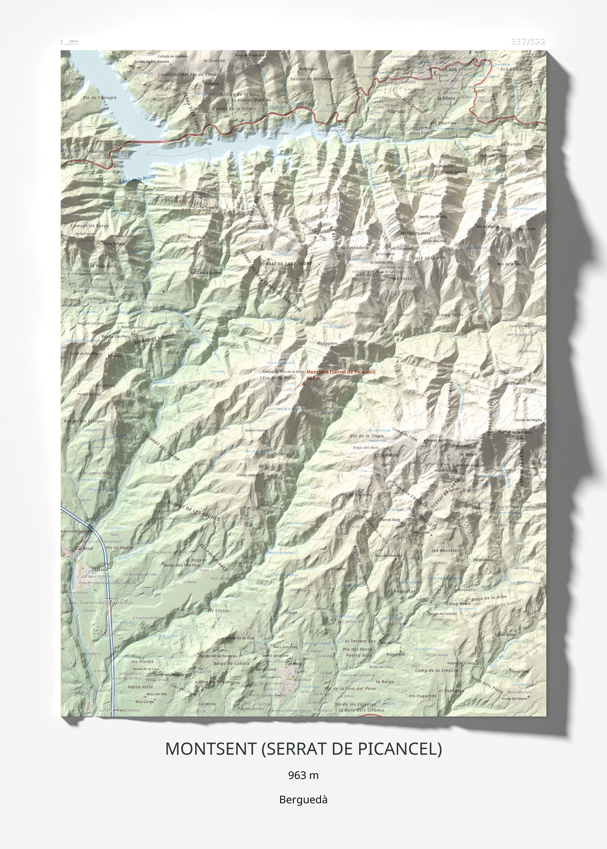Mapa de relieve de Montsent (Serrat de Picancel), 963 m, Berguedà, lámina 100 Cims de Trobart 50 × 70 cm.