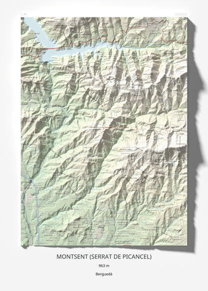 Mapa de relieve de Montsent (Serrat de Picancel), 963 m, Berguedà, lámina 100 Cims de Trobart 50 × 70 cm.