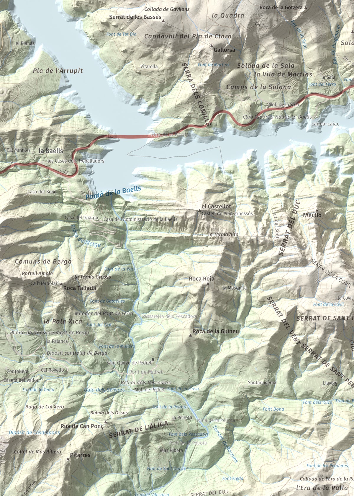 Mapa de relieve de Montsent (Serrat de Picancel), 963 m, Berguedà, lámina 100 Cims de Trobart. Detalle de la zona superior izquierda. 50 × 70 cm.