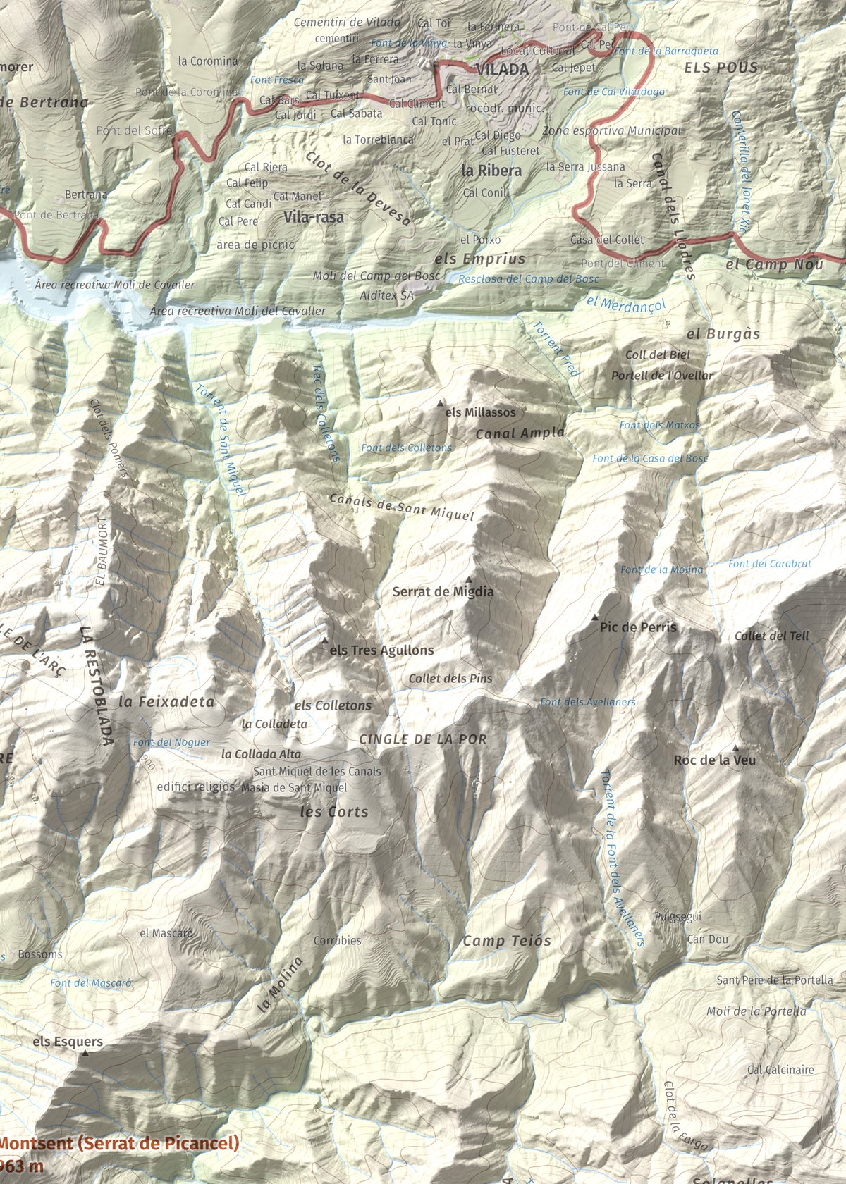 Mapa de relieve de Montsent (Serrat de Picancel), 963 m, Berguedà, lámina 100 Cims de Trobart. Detalle de la zona superior derecha. 50 × 70 cm.