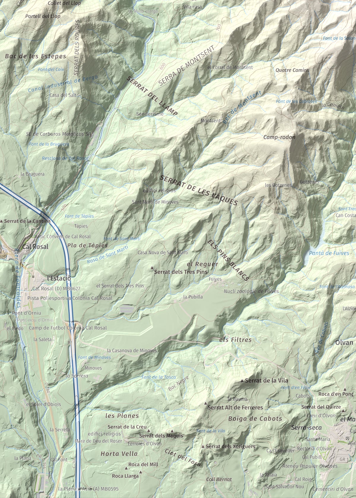 Mapa de relieve de Montsent (Serrat de Picancel), 963 m, Berguedà, lámina 100 Cims de Trobart. Detalle de la zona inferior izquierda. 50 × 70 cm.