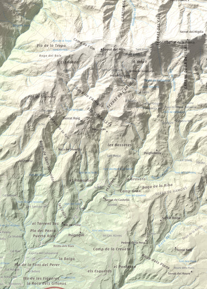 Mapa de relieve de Montsent (Serrat de Picancel), 963 m, Berguedà, lámina 100 Cims de Trobart. Detalle de la zona inferior derecha. 50 × 70 cm.