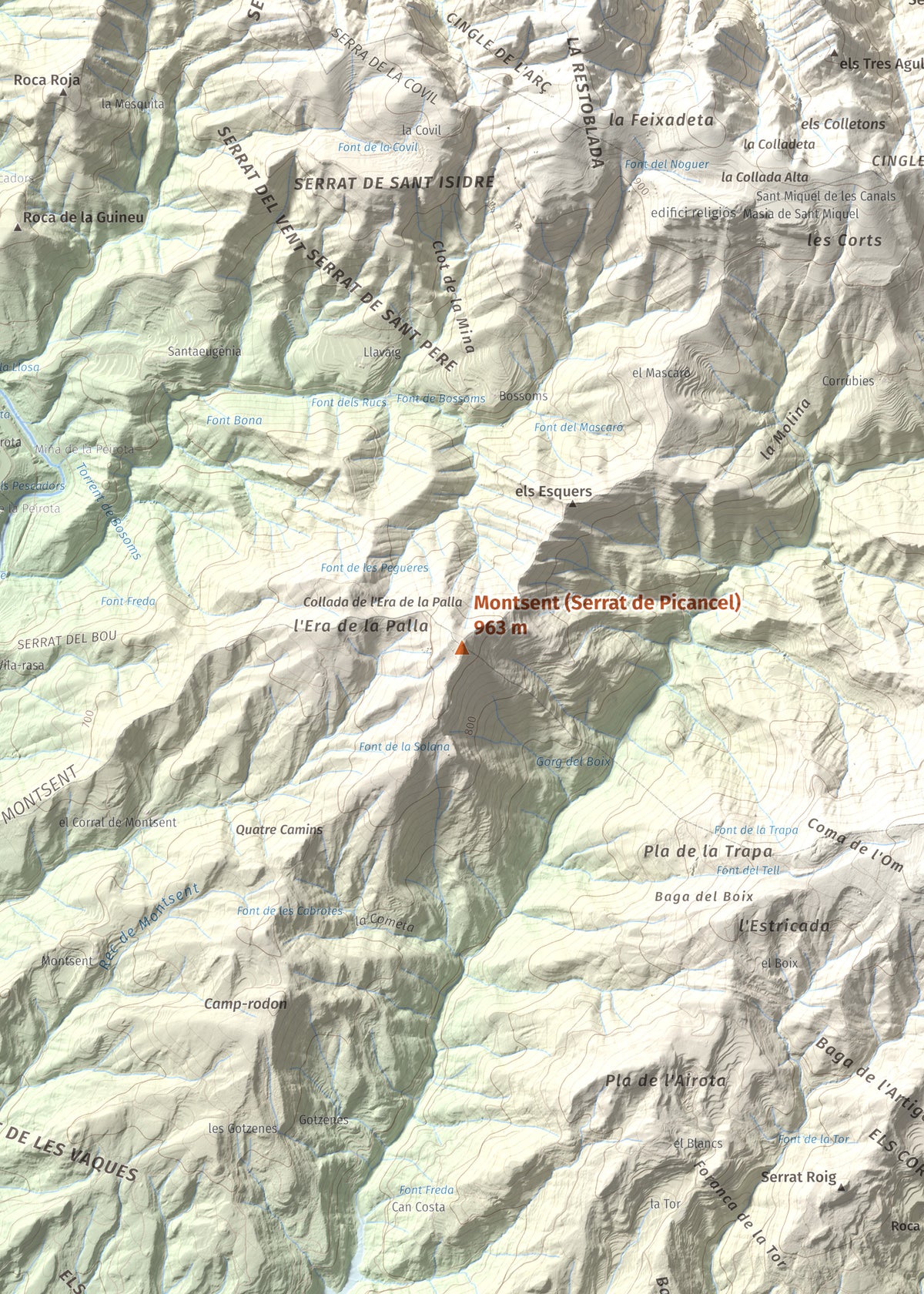 Mapa de relieve de Montsent (Serrat de Picancel), 963 m, Berguedà, lámina 100 Cims de Trobart. Detalle de la zona central. 50 × 70 cm.