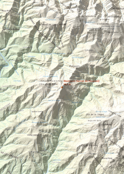 Mapa de relieve de Montsent (Serrat de Picancel), 963 m, Berguedà, lámina 100 Cims de Trobart. Detalle de la zona central. 50 × 70 cm.