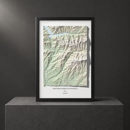Mapa de relieve de Montsent (Serrat de Picancel), 963 m, Berguedà, lámina 100 Cims de Trobart. Presentación enmarcada. 61 × 91 cm.