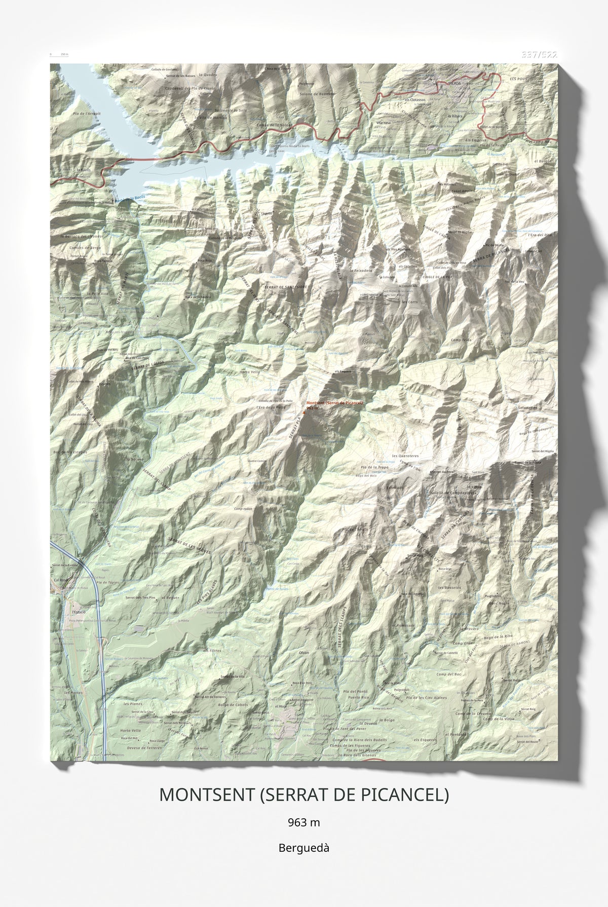 Mapa de relieve de Montsent (Serrat de Picancel), 963 m, Berguedà, lámina 100 Cims de Trobart 61 × 91 cm.