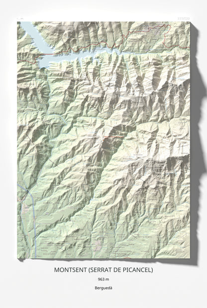 Mapa de relieve de Montsent (Serrat de Picancel), 963 m, Berguedà, lámina 100 Cims de Trobart 61 × 91 cm.