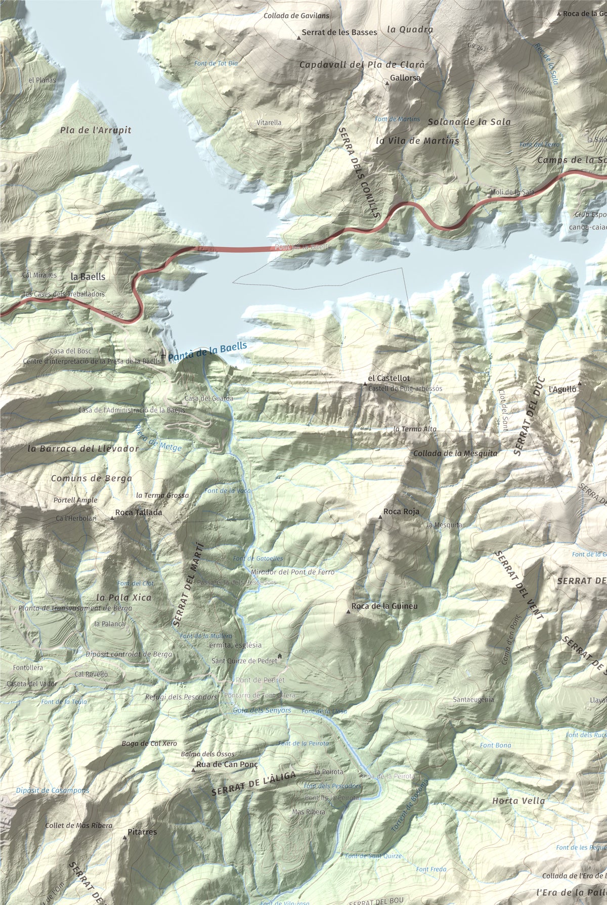 Mapa de relieve de Montsent (Serrat de Picancel), 963 m, Berguedà, lámina 100 Cims de Trobart. Detalle de la zona superior izquierda. 61 × 91 cm.