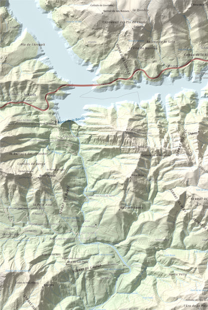 Mapa de relieve de Montsent (Serrat de Picancel), 963 m, Berguedà, lámina 100 Cims de Trobart. Detalle de la zona superior izquierda. 61 × 91 cm.