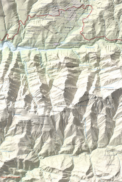 Mapa de relieve de Montsent (Serrat de Picancel), 963 m, Berguedà, lámina 100 Cims de Trobart. Detalle de la zona superior derecha. 61 × 91 cm.