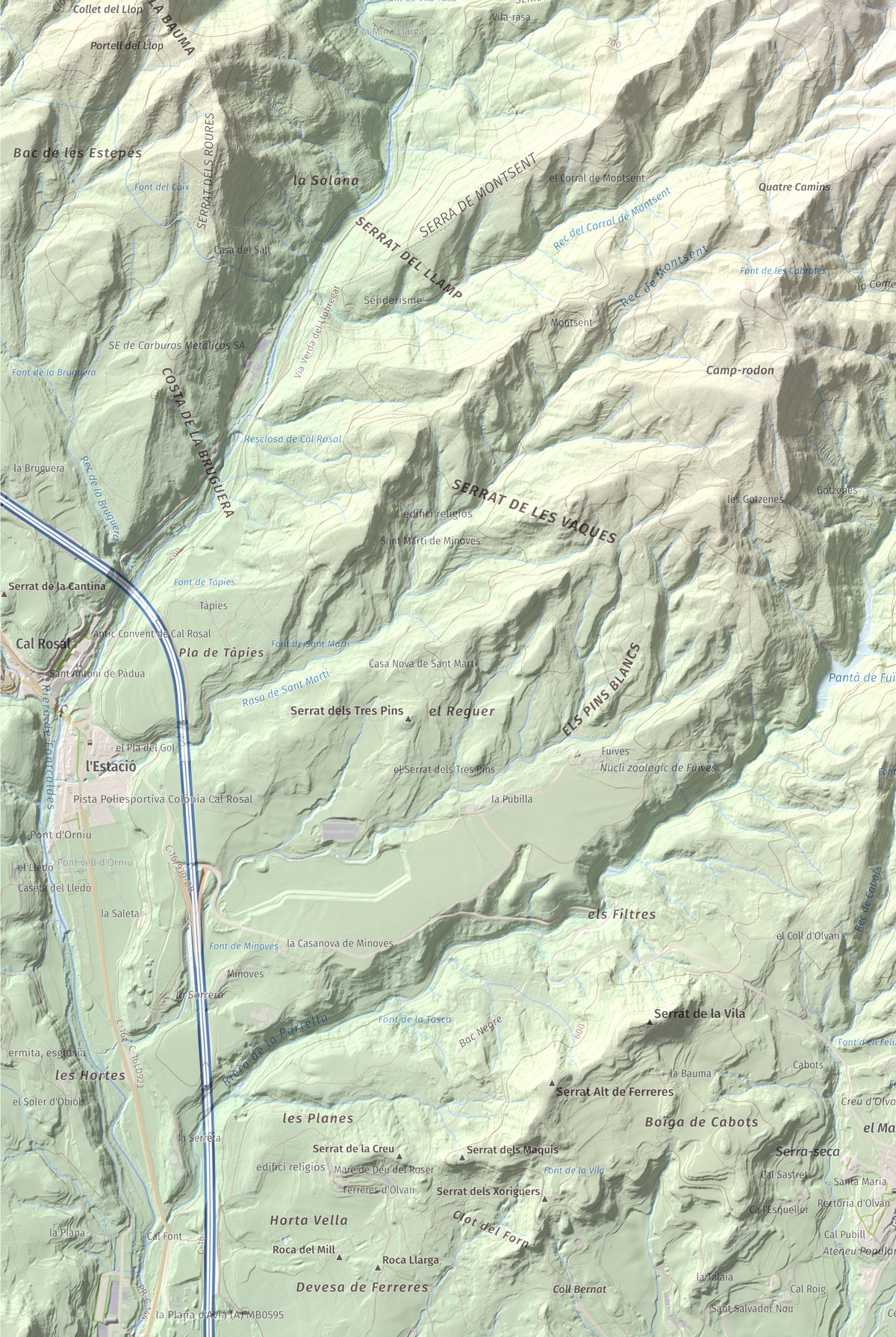 Mapa de relieve de Montsent (Serrat de Picancel), 963 m, Berguedà, lámina 100 Cims de Trobart. Detalle de la zona inferior izquierda. 61 × 91 cm.
