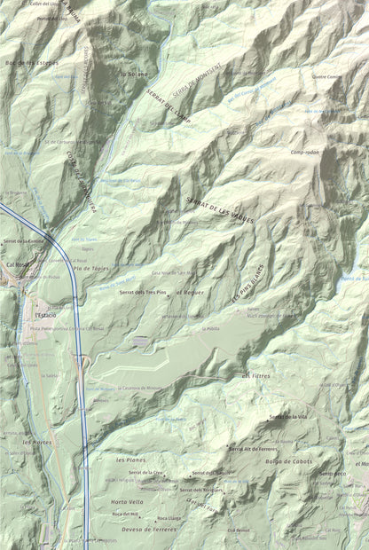 Mapa de relieve de Montsent (Serrat de Picancel), 963 m, Berguedà, lámina 100 Cims de Trobart. Detalle de la zona inferior izquierda. 61 × 91 cm.