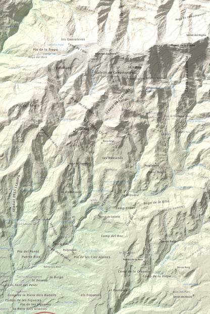 Mapa de relieve de Montsent (Serrat de Picancel), 963 m, Berguedà, lámina 100 Cims de Trobart. Detalle de la zona inferior derecha. 61 × 91 cm.