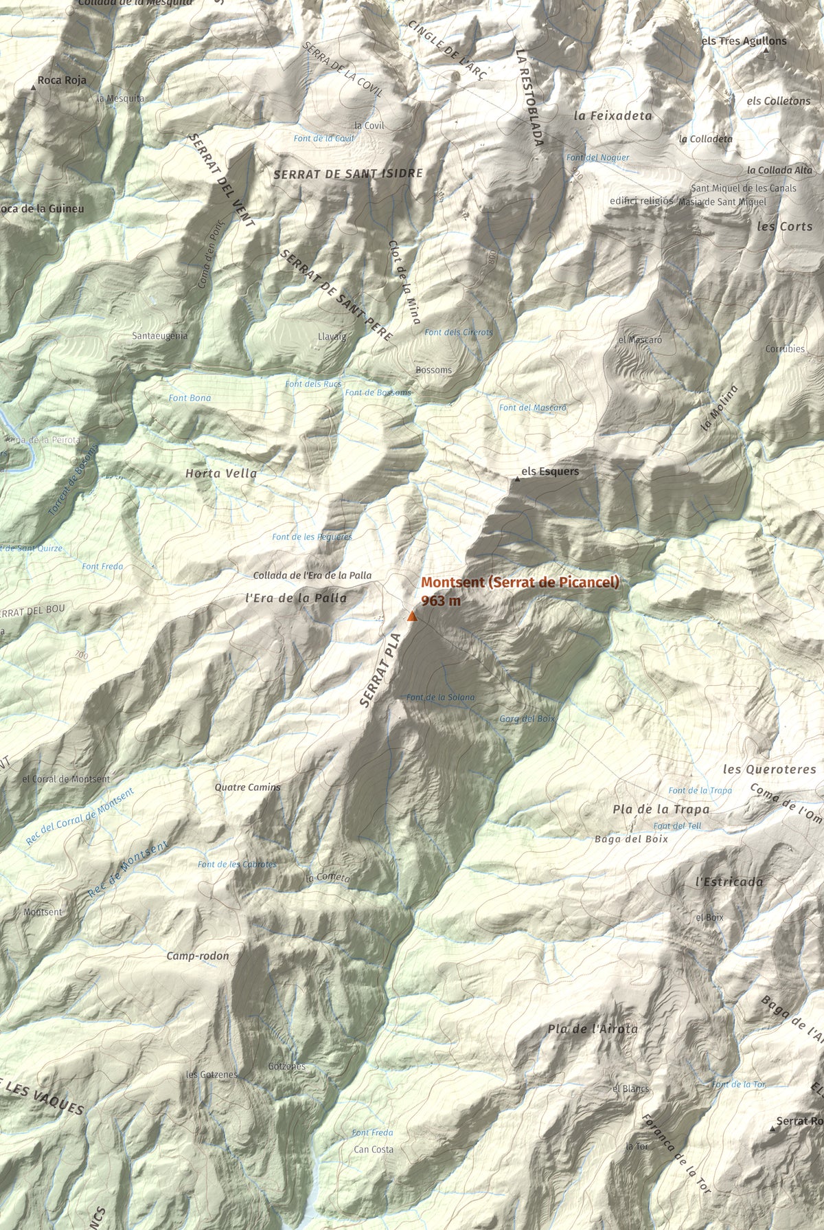 Mapa de relieve de Montsent (Serrat de Picancel), 963 m, Berguedà, lámina 100 Cims de Trobart. Detalle de la zona central. 61 × 91 cm.