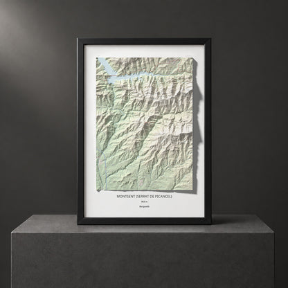 Mapa de relieve de Montsent (Serrat de Picancel), 963 m, Berguedà, lámina 100 Cims de Trobart. Presentación enmarcada. 70 × 100 cm.