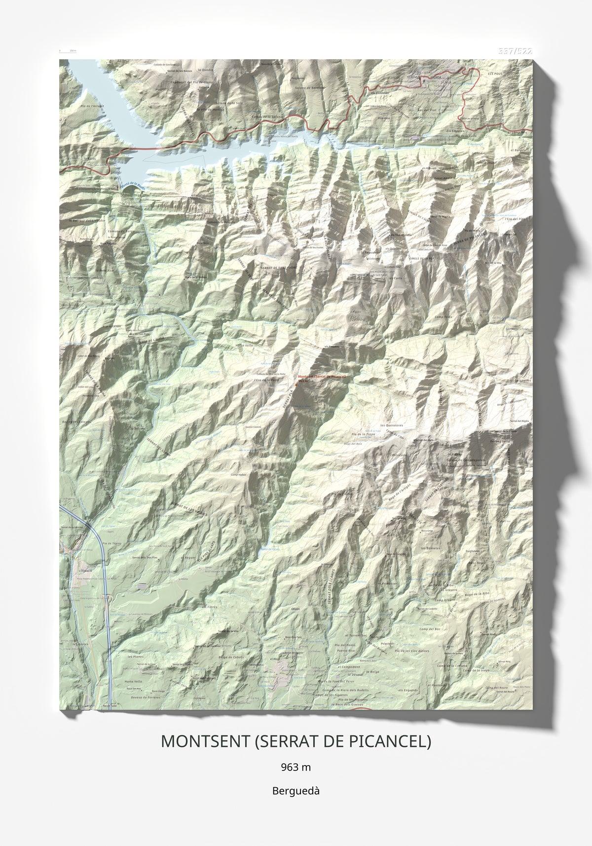 Mapa de relieve de Montsent (Serrat de Picancel), 963 m, Berguedà, lámina 100 Cims de Trobart 70 × 100 cm.