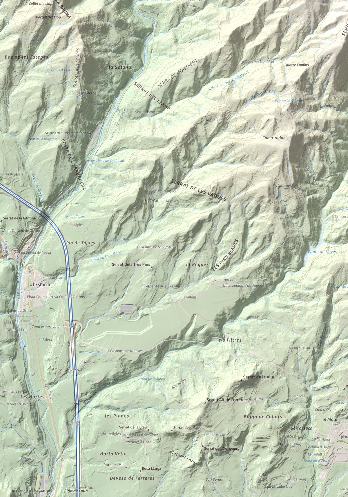 Mapa de relieve de Montsent (Serrat de Picancel), 963 m, Berguedà, lámina 100 Cims de Trobart. Detalle de la zona inferior izquierda. 70 × 100 cm.