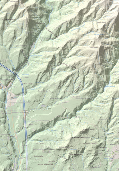 Mapa de relieve de Montsent (Serrat de Picancel), 963 m, Berguedà, lámina 100 Cims de Trobart. Detalle de la zona inferior izquierda. 70 × 100 cm.