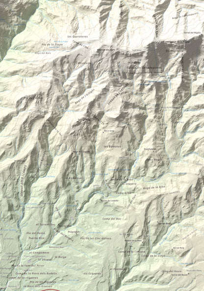 Mapa de relieve de Montsent (Serrat de Picancel), 963 m, Berguedà, lámina 100 Cims de Trobart. Detalle de la zona inferior derecha. 70 × 100 cm.