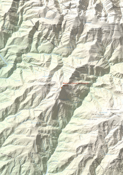 Mapa de relieve de Montsent (Serrat de Picancel), 963 m, Berguedà, lámina 100 Cims de Trobart. Detalle de la zona central. 70 × 100 cm.