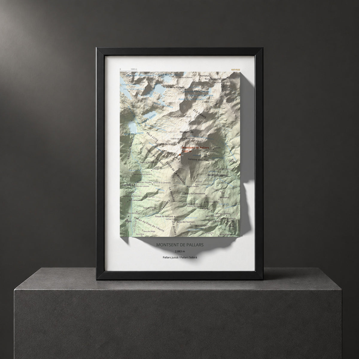 Mapa de relieve de Montsent de Pallars, 2883 m, Pallars Jussà · Pallars Sobirà, lámina 100 Cims de Trobart. Presentación enmarcada. 21 × 30 cm.
