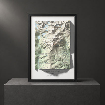 Mapa de relieve de Montsent de Pallars, 2883 m, Pallars Jussà · Pallars Sobirà, lámina 100 Cims de Trobart. Presentación enmarcada. 21 × 30 cm.