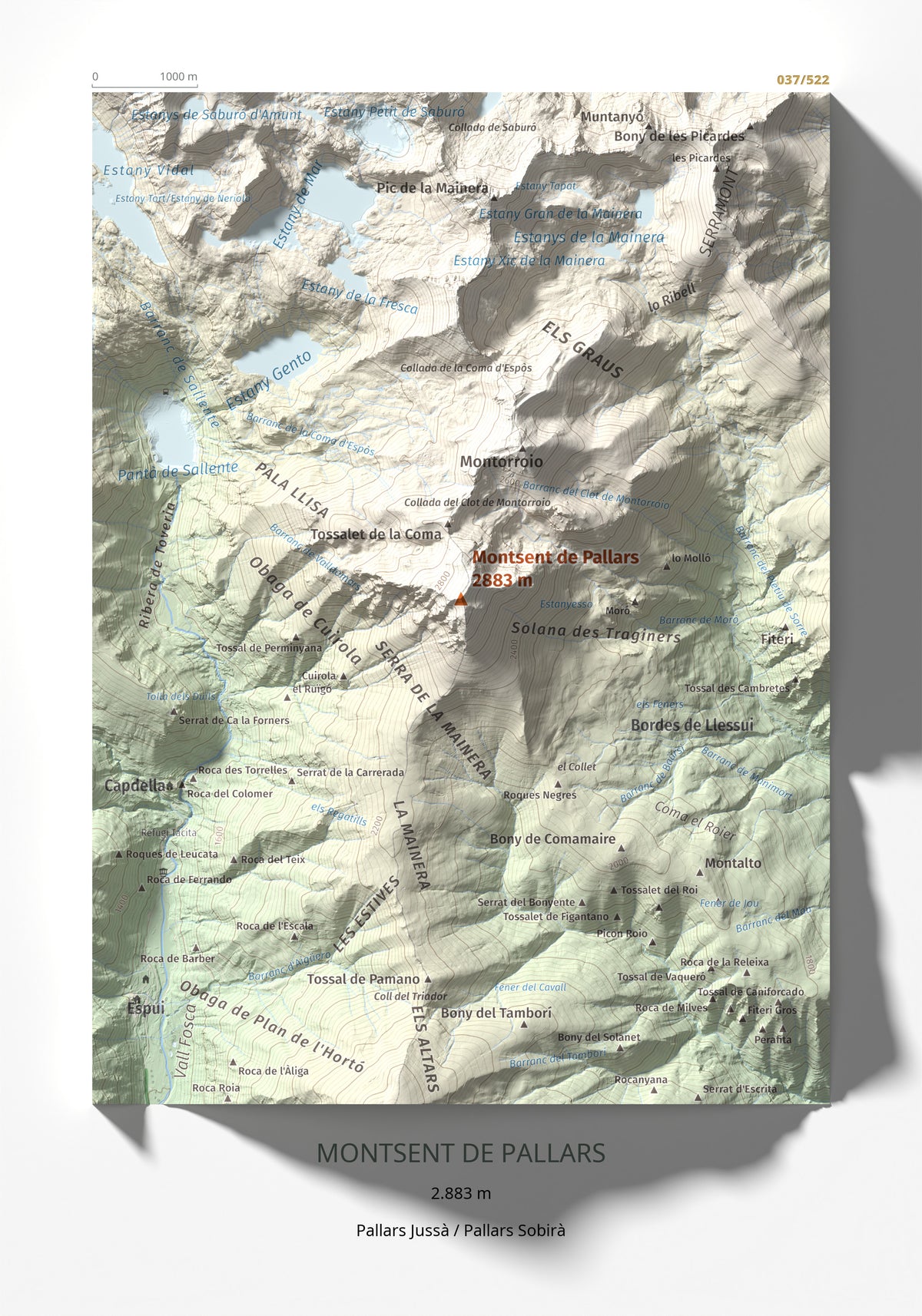 Mapa de relieve de Montsent de Pallars, 2883 m, Pallars Jussà · Pallars Sobirà, lámina 100 Cims de Trobart 21 × 30 cm.