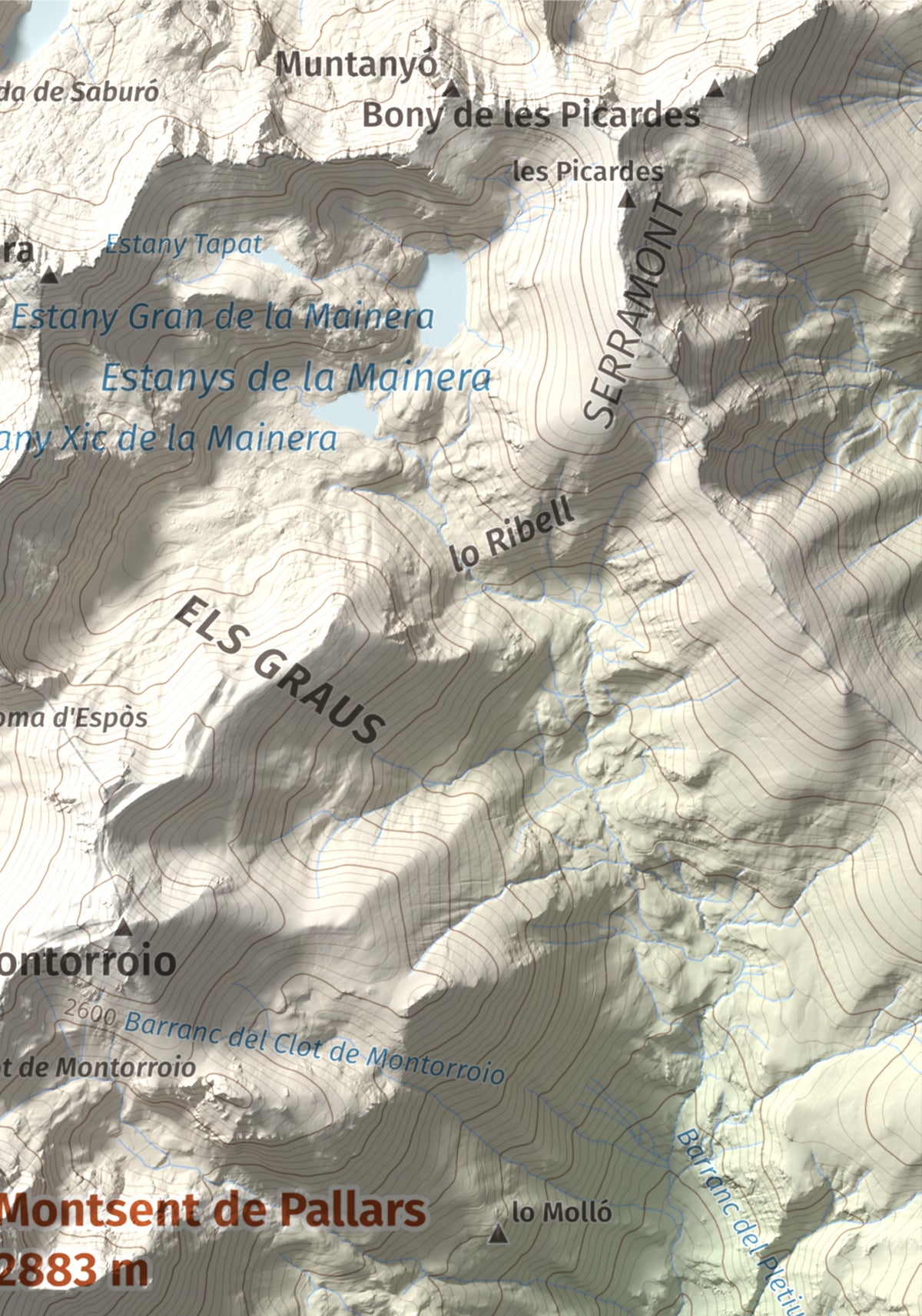Mapa de relieve de Montsent de Pallars, 2883 m, Pallars Jussà · Pallars Sobirà, lámina 100 Cims de Trobart. Detalle de la zona superior derecha. 21 × 30 cm.