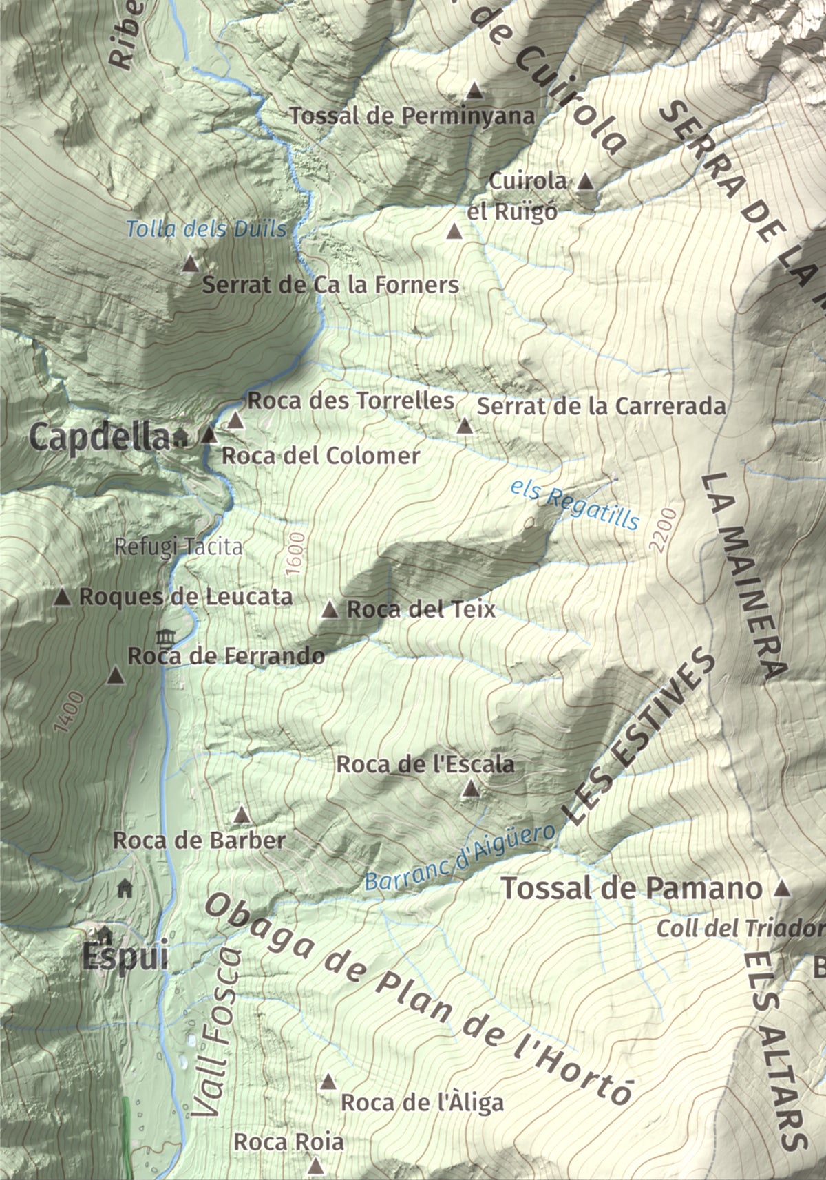 Mapa de relieve de Montsent de Pallars, 2883 m, Pallars Jussà · Pallars Sobirà, lámina 100 Cims de Trobart. Detalle de la zona inferior izquierda. 21 × 30 cm.