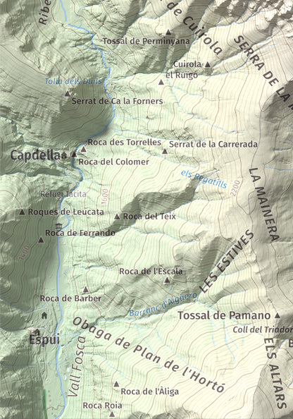 Mapa de relieve de Montsent de Pallars, 2883 m, Pallars Jussà · Pallars Sobirà, lámina 100 Cims de Trobart. Detalle de la zona inferior izquierda. 21 × 30 cm.