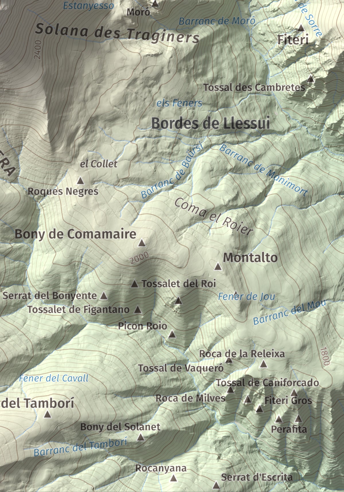Mapa de relieve de Montsent de Pallars, 2883 m, Pallars Jussà · Pallars Sobirà, lámina 100 Cims de Trobart. Detalle de la zona inferior derecha. 21 × 30 cm.