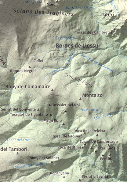 Mapa de relieve de Montsent de Pallars, 2883 m, Pallars Jussà · Pallars Sobirà, lámina 100 Cims de Trobart. Detalle de la zona inferior derecha. 21 × 30 cm.