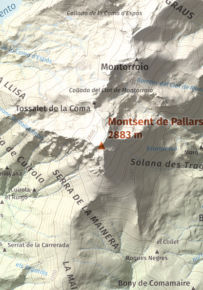 Mapa de relieve de Montsent de Pallars, 2883 m, Pallars Jussà · Pallars Sobirà, lámina 100 Cims de Trobart. Detalle de la zona central. 21 × 30 cm.