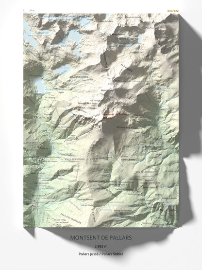 Mapa de relieve de Montsent de Pallars, 2883 m, Pallars Jussà · Pallars Sobirà, lámina 100 Cims de Trobart 30 × 40 cm.