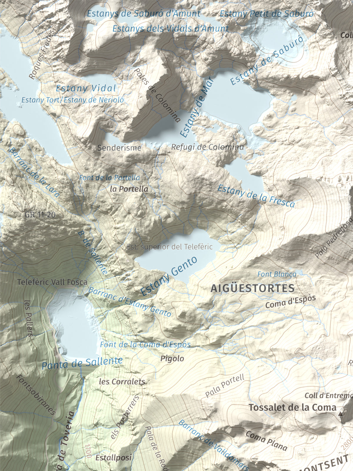 Mapa de relieve de Montsent de Pallars, 2883 m, Pallars Jussà · Pallars Sobirà, lámina 100 Cims de Trobart. Detalle de la zona superior izquierda. 30 × 40 cm.