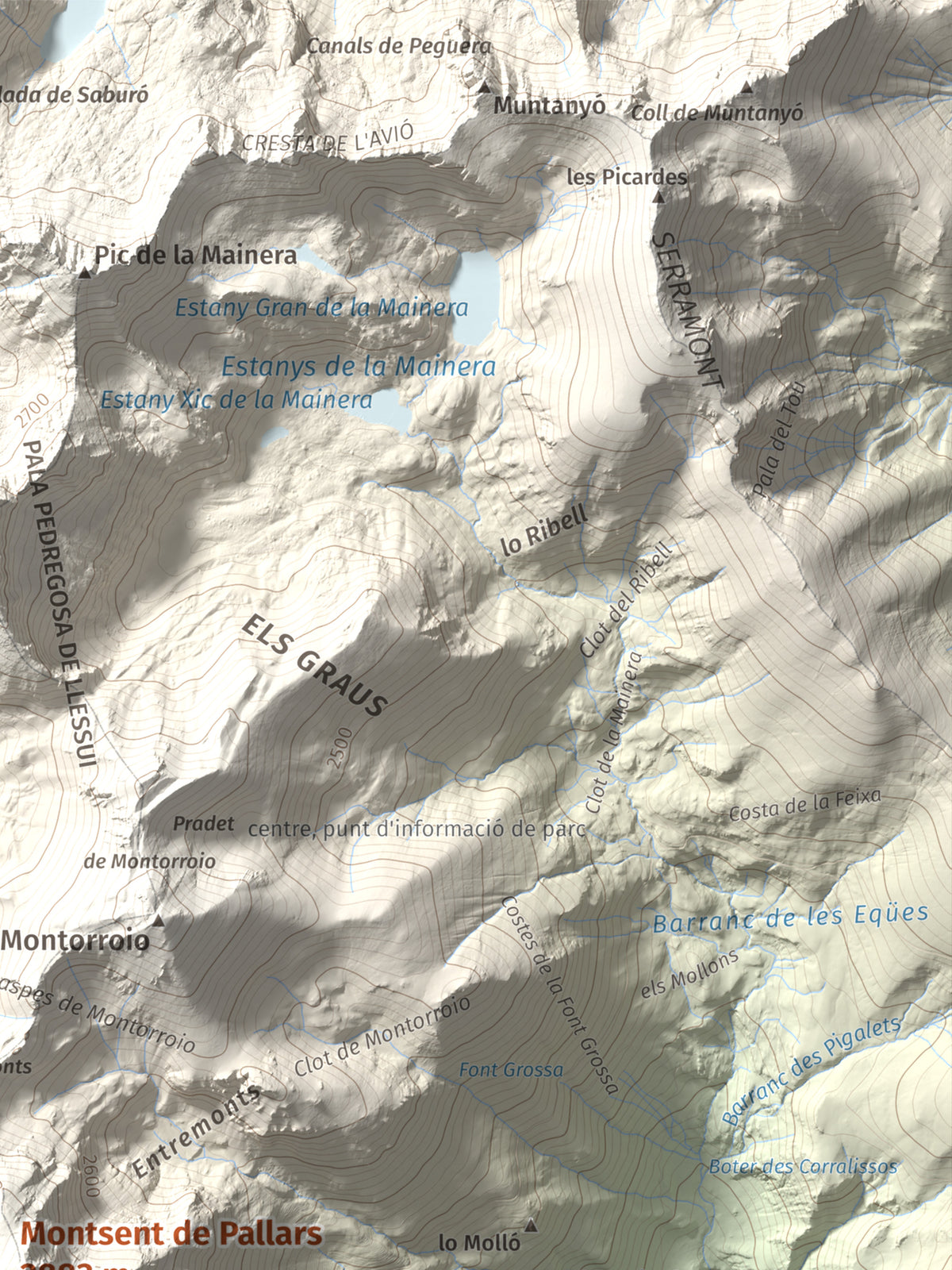 Mapa de relieve de Montsent de Pallars, 2883 m, Pallars Jussà · Pallars Sobirà, lámina 100 Cims de Trobart. Detalle de la zona superior derecha. 30 × 40 cm.