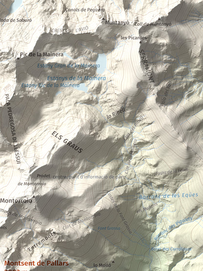 Mapa de relieve de Montsent de Pallars, 2883 m, Pallars Jussà · Pallars Sobirà, lámina 100 Cims de Trobart. Detalle de la zona superior derecha. 30 × 40 cm.