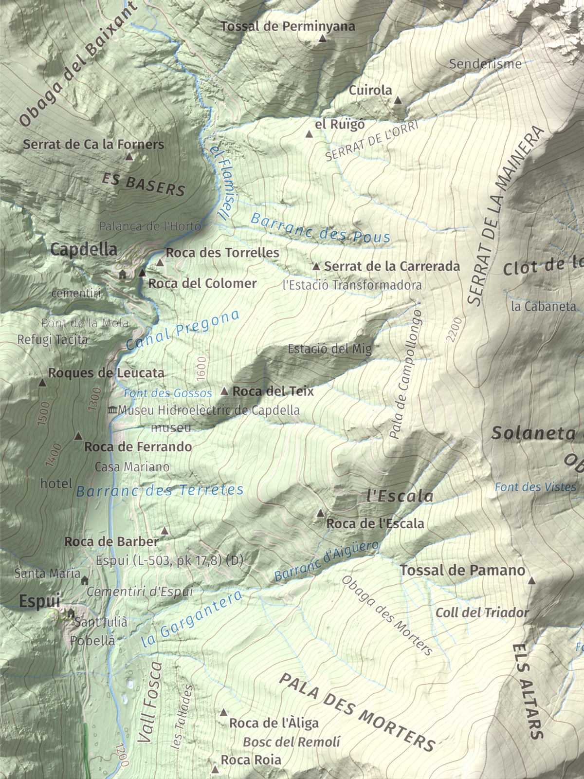 Mapa de relieve de Montsent de Pallars, 2883 m, Pallars Jussà · Pallars Sobirà, lámina 100 Cims de Trobart. Detalle de la zona inferior izquierda. 30 × 40 cm.