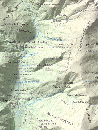 Mapa de relieve de Montsent de Pallars, 2883 m, Pallars Jussà · Pallars Sobirà, lámina 100 Cims de Trobart. Detalle de la zona inferior izquierda. 30 × 40 cm.