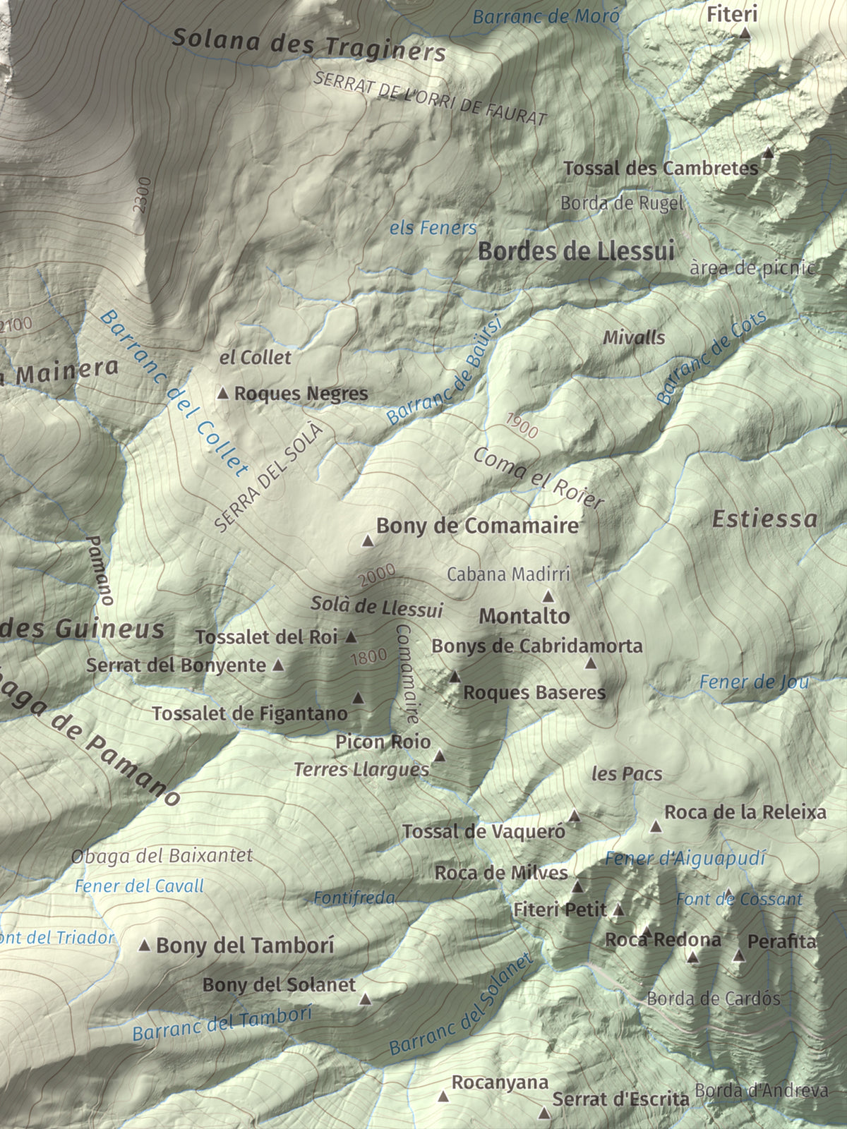 Mapa de relieve de Montsent de Pallars, 2883 m, Pallars Jussà · Pallars Sobirà, lámina 100 Cims de Trobart. Detalle de la zona inferior derecha. 30 × 40 cm.