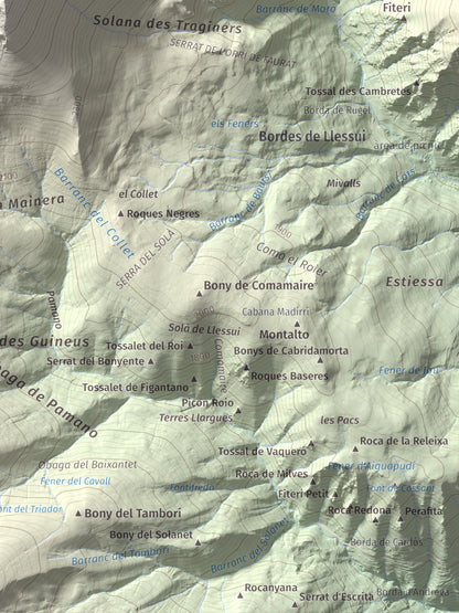 Mapa de relieve de Montsent de Pallars, 2883 m, Pallars Jussà · Pallars Sobirà, lámina 100 Cims de Trobart. Detalle de la zona inferior derecha. 30 × 40 cm.