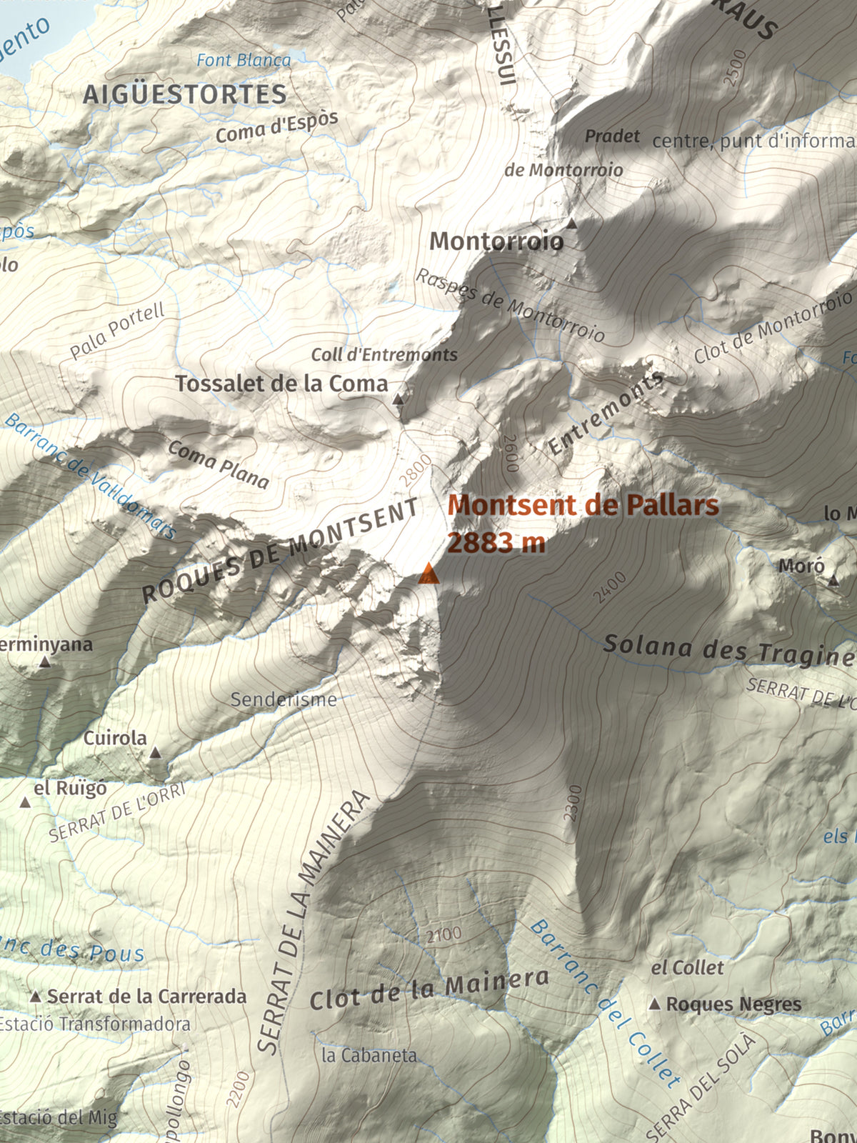 Mapa de relieve de Montsent de Pallars, 2883 m, Pallars Jussà · Pallars Sobirà, lámina 100 Cims de Trobart. Detalle de la zona central. 30 × 40 cm.