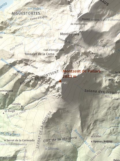 Mapa de relieve de Montsent de Pallars, 2883 m, Pallars Jussà · Pallars Sobirà, lámina 100 Cims de Trobart. Detalle de la zona central. 30 × 40 cm.