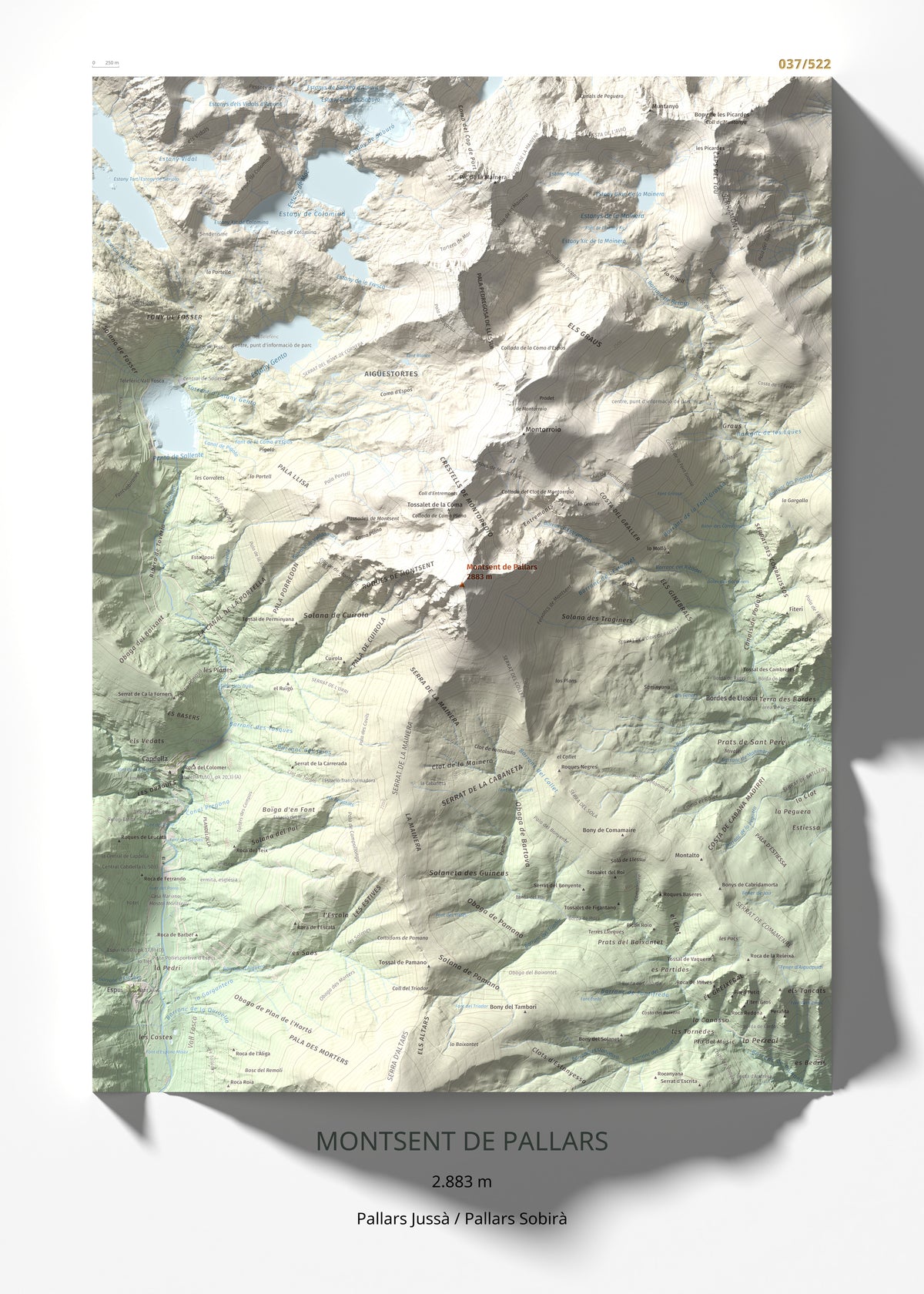 Mapa de relieve de Montsent de Pallars, 2883 m, Pallars Jussà · Pallars Sobirà, lámina 100 Cims de Trobart 50 × 70 cm.