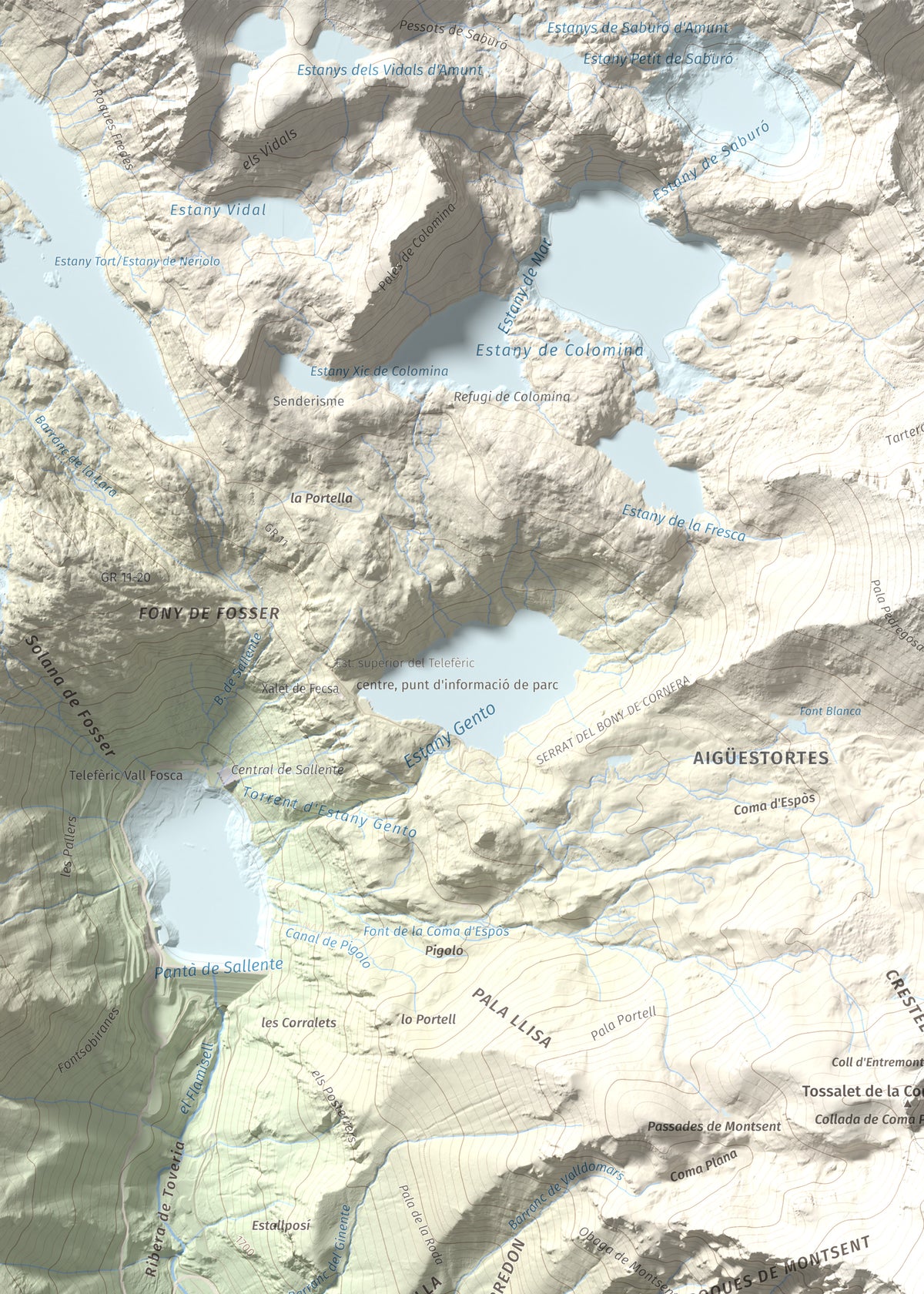 Mapa de relieve de Montsent de Pallars, 2883 m, Pallars Jussà · Pallars Sobirà, lámina 100 Cims de Trobart. Detalle de la zona superior izquierda. 50 × 70 cm.