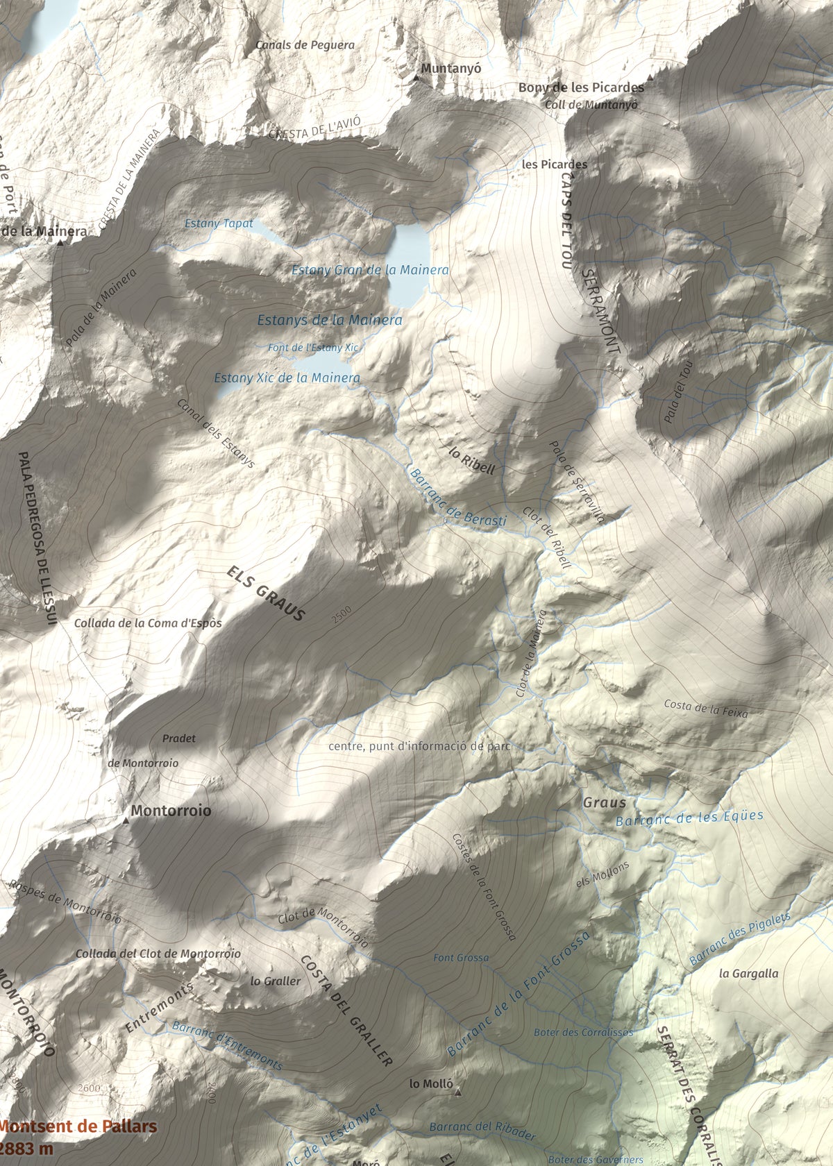 Mapa de relieve de Montsent de Pallars, 2883 m, Pallars Jussà · Pallars Sobirà, lámina 100 Cims de Trobart. Detalle de la zona superior derecha. 50 × 70 cm.