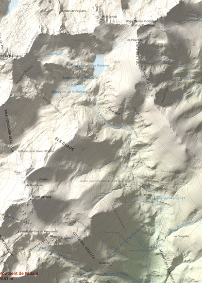 Mapa de relieve de Montsent de Pallars, 2883 m, Pallars Jussà · Pallars Sobirà, lámina 100 Cims de Trobart. Detalle de la zona superior derecha. 50 × 70 cm.