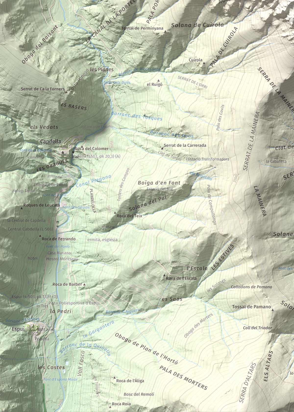 Mapa de relieve de Montsent de Pallars, 2883 m, Pallars Jussà · Pallars Sobirà, lámina 100 Cims de Trobart. Detalle de la zona inferior izquierda. 50 × 70 cm.