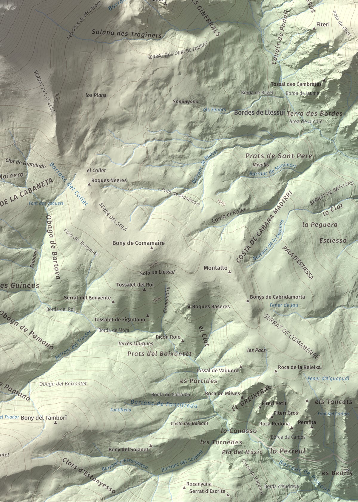 Mapa de relieve de Montsent de Pallars, 2883 m, Pallars Jussà · Pallars Sobirà, lámina 100 Cims de Trobart. Detalle de la zona inferior derecha. 50 × 70 cm.