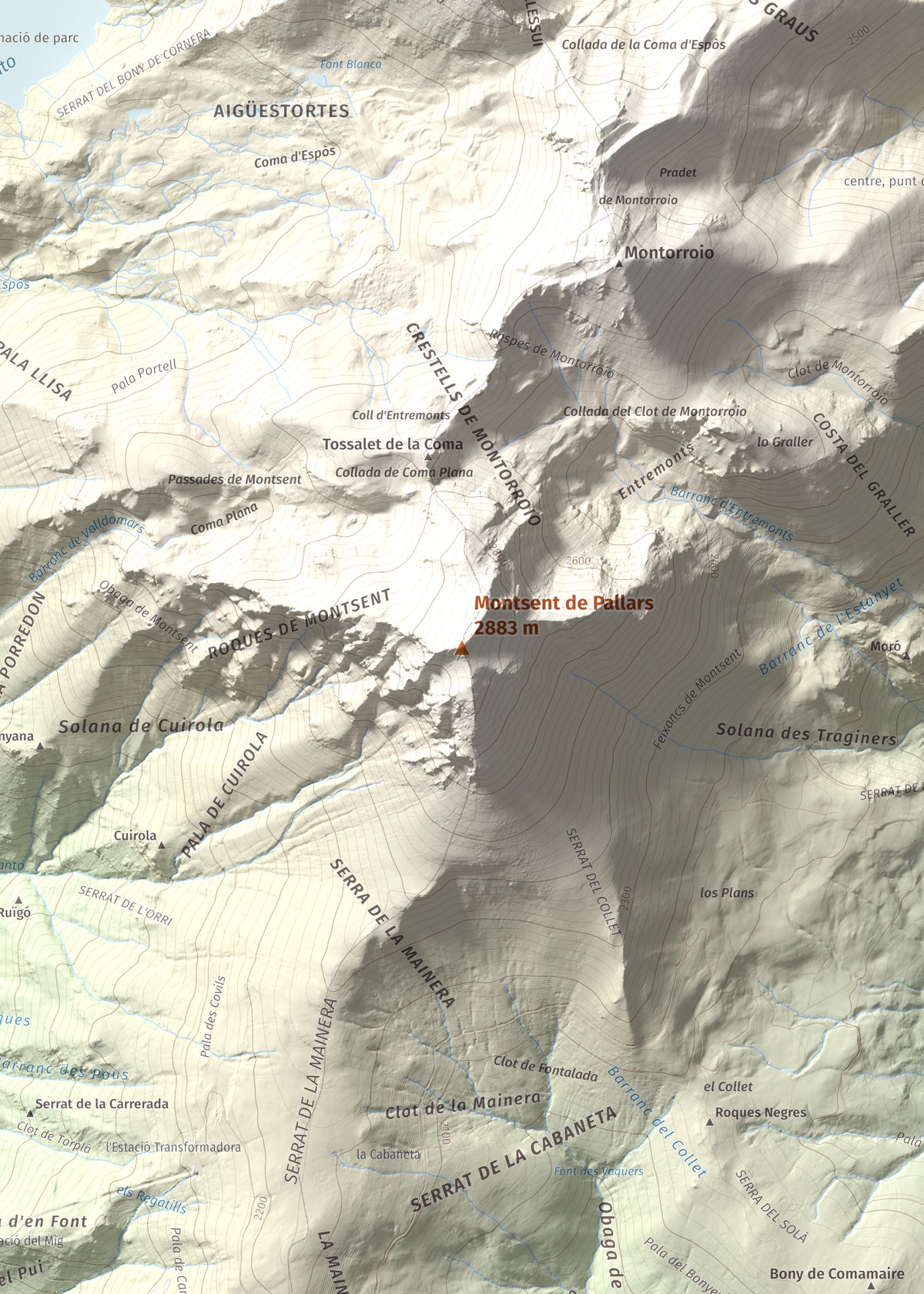 Mapa de relieve de Montsent de Pallars, 2883 m, Pallars Jussà · Pallars Sobirà, lámina 100 Cims de Trobart. Detalle de la zona central. 50 × 70 cm.